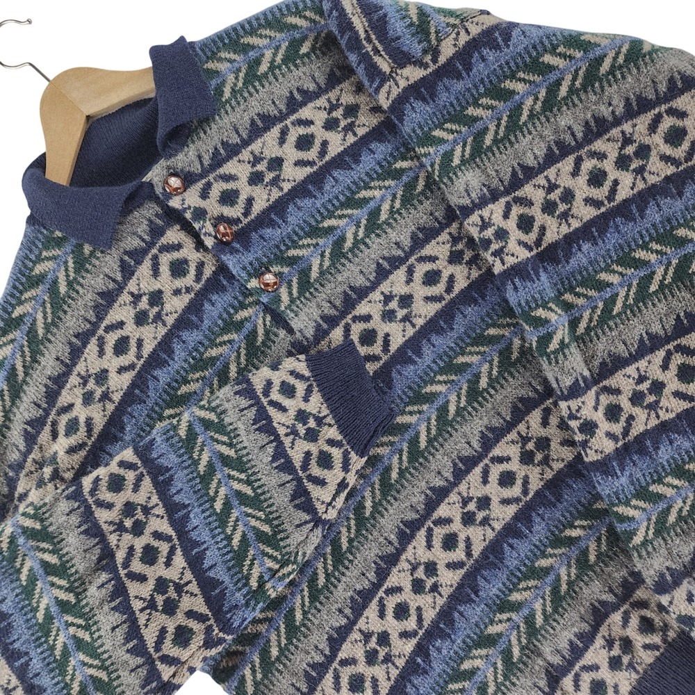 Point Zero Sweater Mens XL 100% Wool Fair Isle Polo Vintage Made in Hong Kong